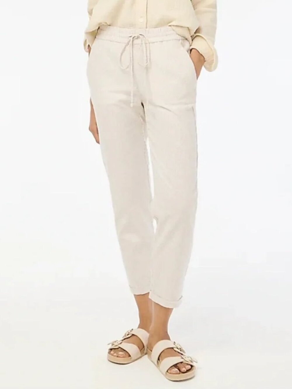Crew Linen Blend Seaside Pants Tie Waist Pockets Cream